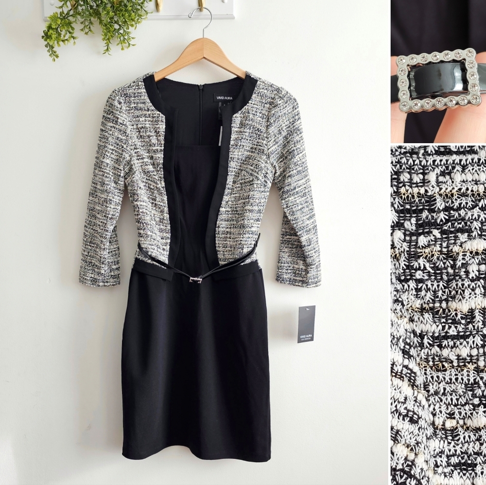 Vivid Aura Tweed Sheath Dress Belted Black Ivory Gold Size 6 NWT